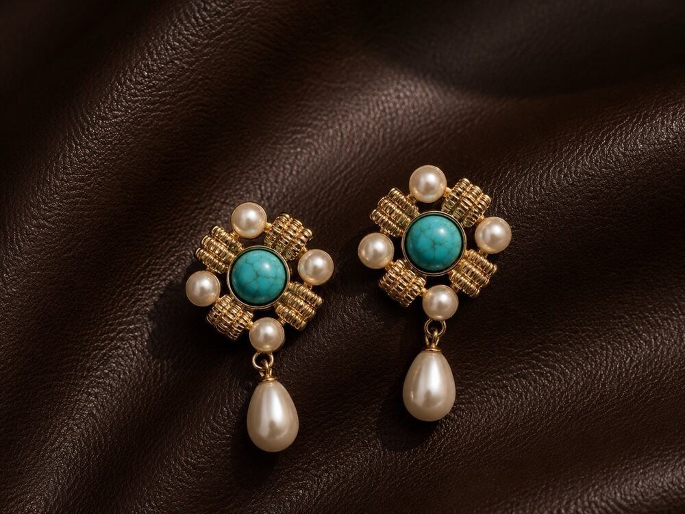 Museum Turquoise Pearl Cross Earrings Flower Court Gold VTG Baroque Teardrop Art